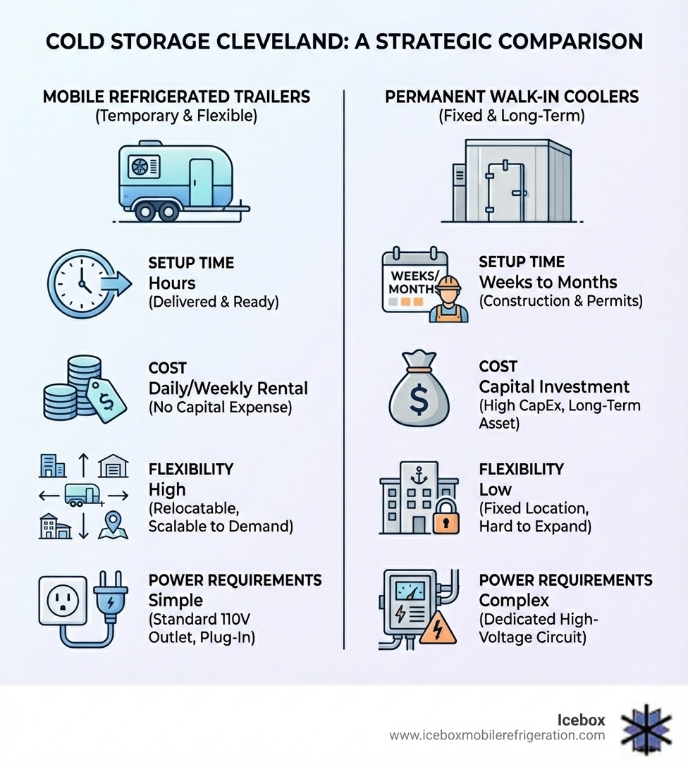 infographic comparing mobile cold storage trailers versus permanent walk-in coolers showing setup time, cost, flexibility, and power requirements for Cleveland businesses - cold storage Cleveland infographic infographic comparing mobile cold storage trailers versus permanent walk-in coolers showing setup time, cost, flexibility, and power requirements for Cleveland businesses - cold storage Cleveland infographic