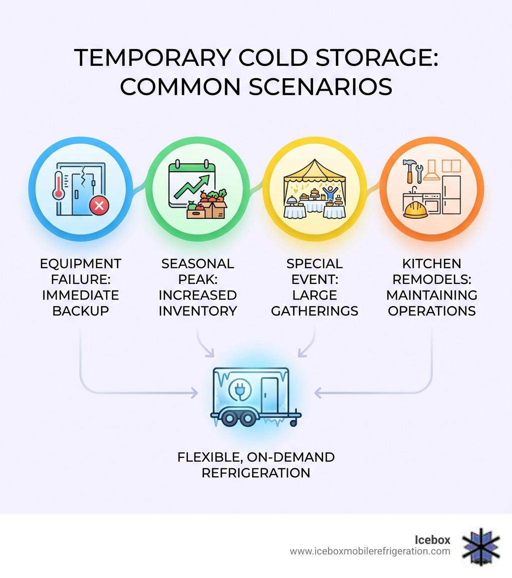 Infographic showing four common scenarios requiring temporary cold storage: equipment failure, seasonal peak, special event, and kitchen remodels - Temporary cold storage infographic Infographic showing four common scenarios requiring temporary cold storage: equipment failure, seasonal peak, special event, and kitchen remodels - Temporary cold storage infographic
