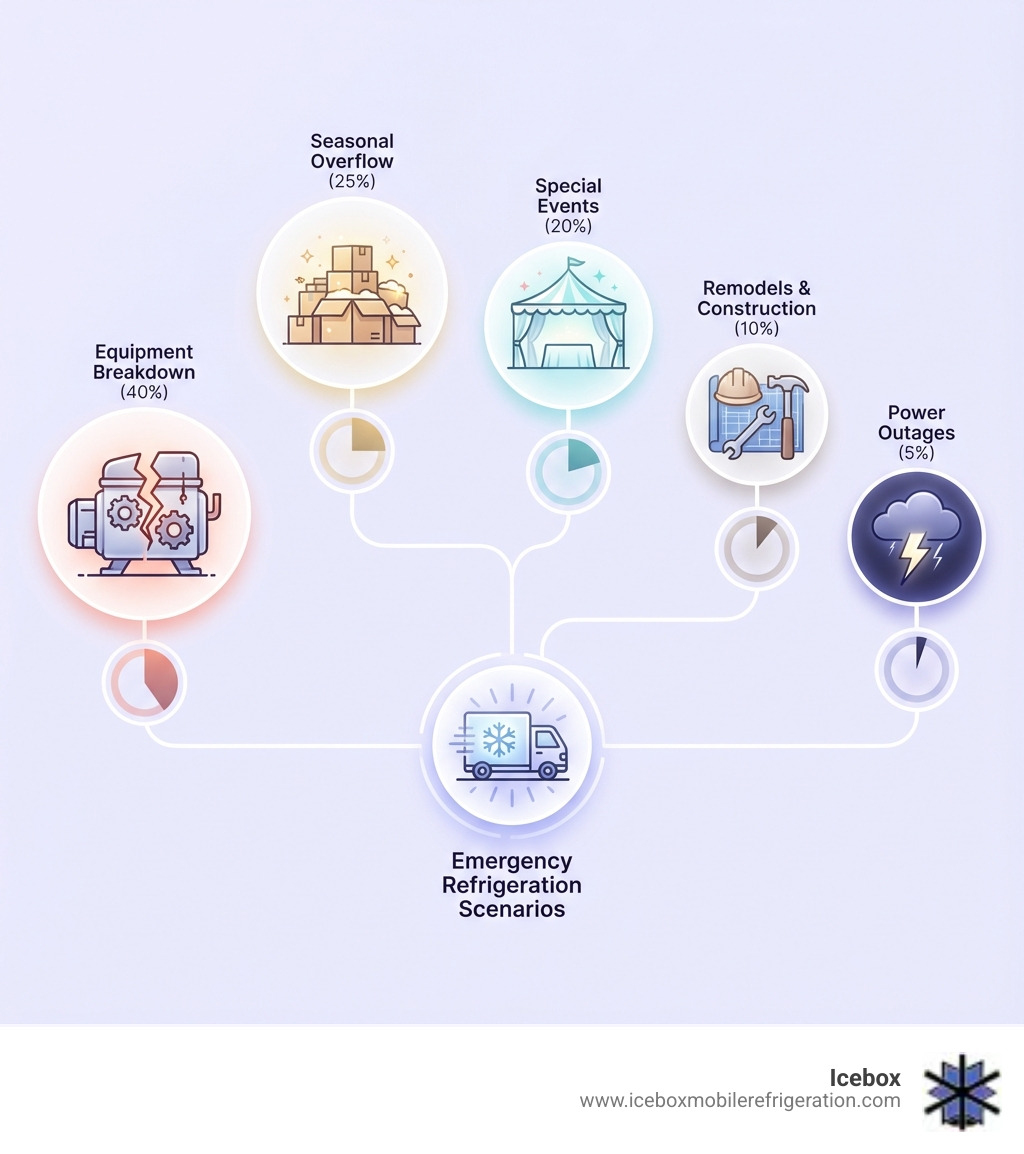 Infographic showing the most common emergency refrigeration scenarios: Equipment breakdown (40%), seasonal overflow (25%), special events (20%), remodels and construction (10%), and power outages (5%). Icons show a broken compressor, stacked boxes, outdoor event tent, construction tools, and storm cloud with lightning bolt. - emergency refrigerator infographic 