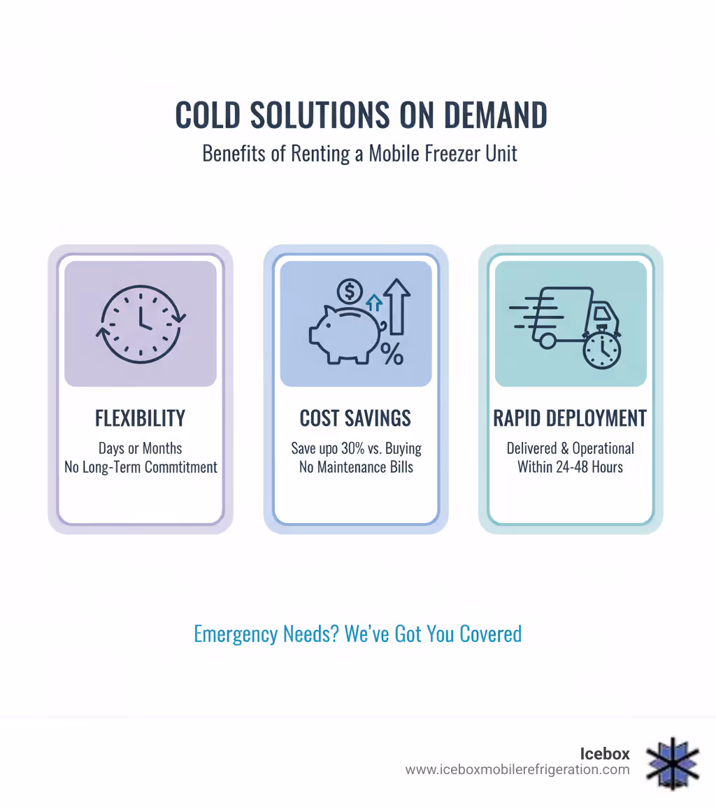 Infographic showing three key benefits of renting a mobile freezer unit: 1. Flexibility - rent for days or months with no long-term commitment, 2. Cost Savings - save up to 30% versus buying, with no maintenance bills, 3. Rapid Deployment - units delivered and operational within 24-48 hours for emergency needs - rent a freezer unit infographic 