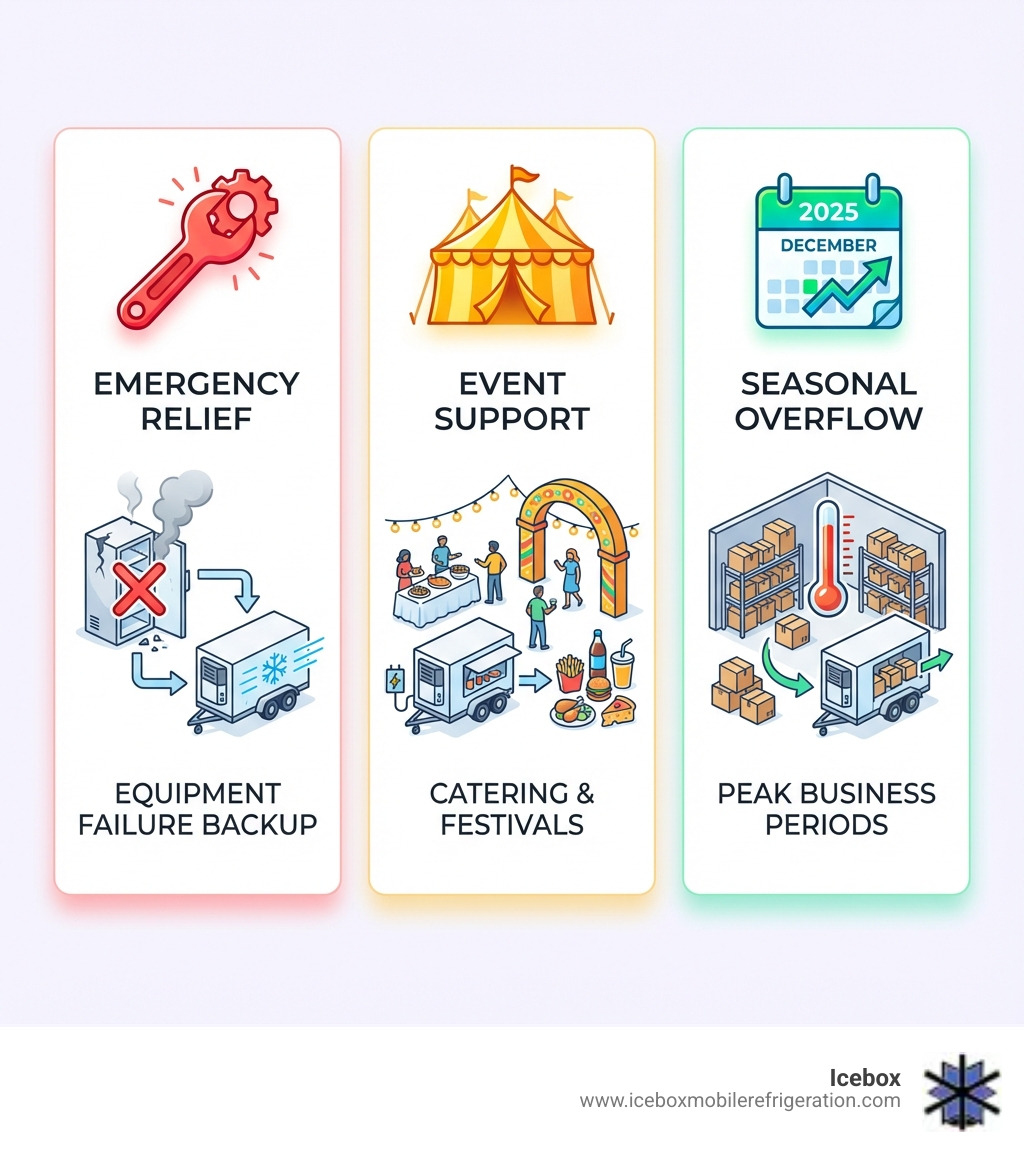 Infographic showing three columns: Emergency Relief with a wrench icon depicting equipment failure backup, Event Support with a tent icon showing temporary cold storage for festivals and catering, and Seasonal Overflow with a calendar icon illustrating extra capacity during peak business periods - Mobile refrigeration units for rent infographic 