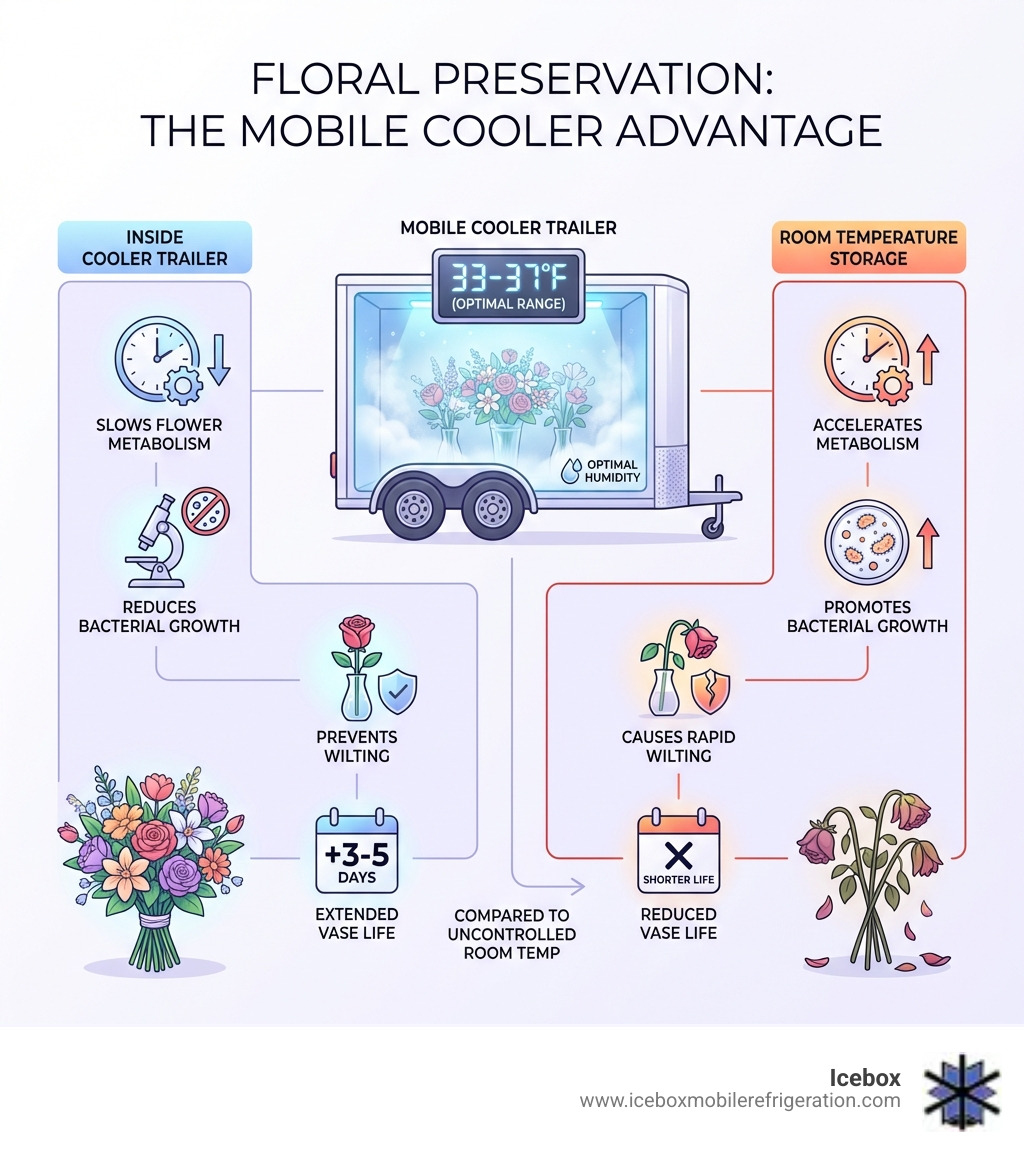 Infographic showing how mobile cooler trailers maintain optimal temperature (33-37°F) and humidity levels to slow flower metabolism, reduce bacterial growth, prevent wilting, and extend vase life by 3-5 days compared to room temperature storage - florist cooler rental infographic Infographic showing how mobile cooler trailers maintain optimal temperature (33-37°F) and humidity levels to slow flower metabolism, reduce bacterial growth, prevent wilting, and extend vase life by 3-5 days compared to room temperature storage - florist cooler rental infographic