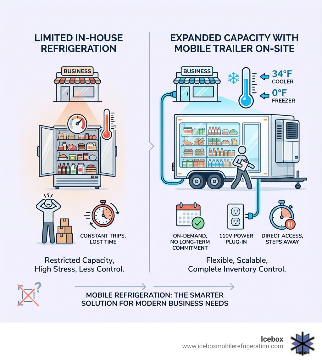 infographic showing business with limited in-house refrigeration versus expanded capacity with mobile refrigerated trailer parked on-site - off site cold storage infographic infographic showing business with limited in-house refrigeration versus expanded capacity with mobile refrigerated trailer parked on-site - off site cold storage infographic
