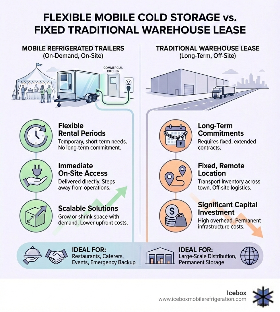 infographic comparing mobile refrigerated trailer advantages versus traditional warehouse lease commitments - cold storage warehouse for lease infographic infographic comparing mobile refrigerated trailer advantages versus traditional warehouse lease commitments - cold storage warehouse for lease infographic