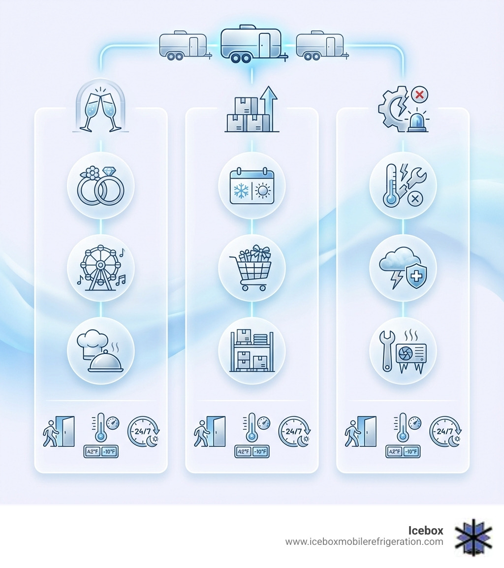 Infographic showing three columns: Special Events (weddings, festivals, catering), Business Overflow (seasonal demand, holiday rushes, inventory storage), and Emergency Situations (equipment failure, disaster response, HVAC repairs). Each column includes icons representing walk-in access, temperature control 42°F to 0°F, and 24/7 availability. - rental coolers infographic 