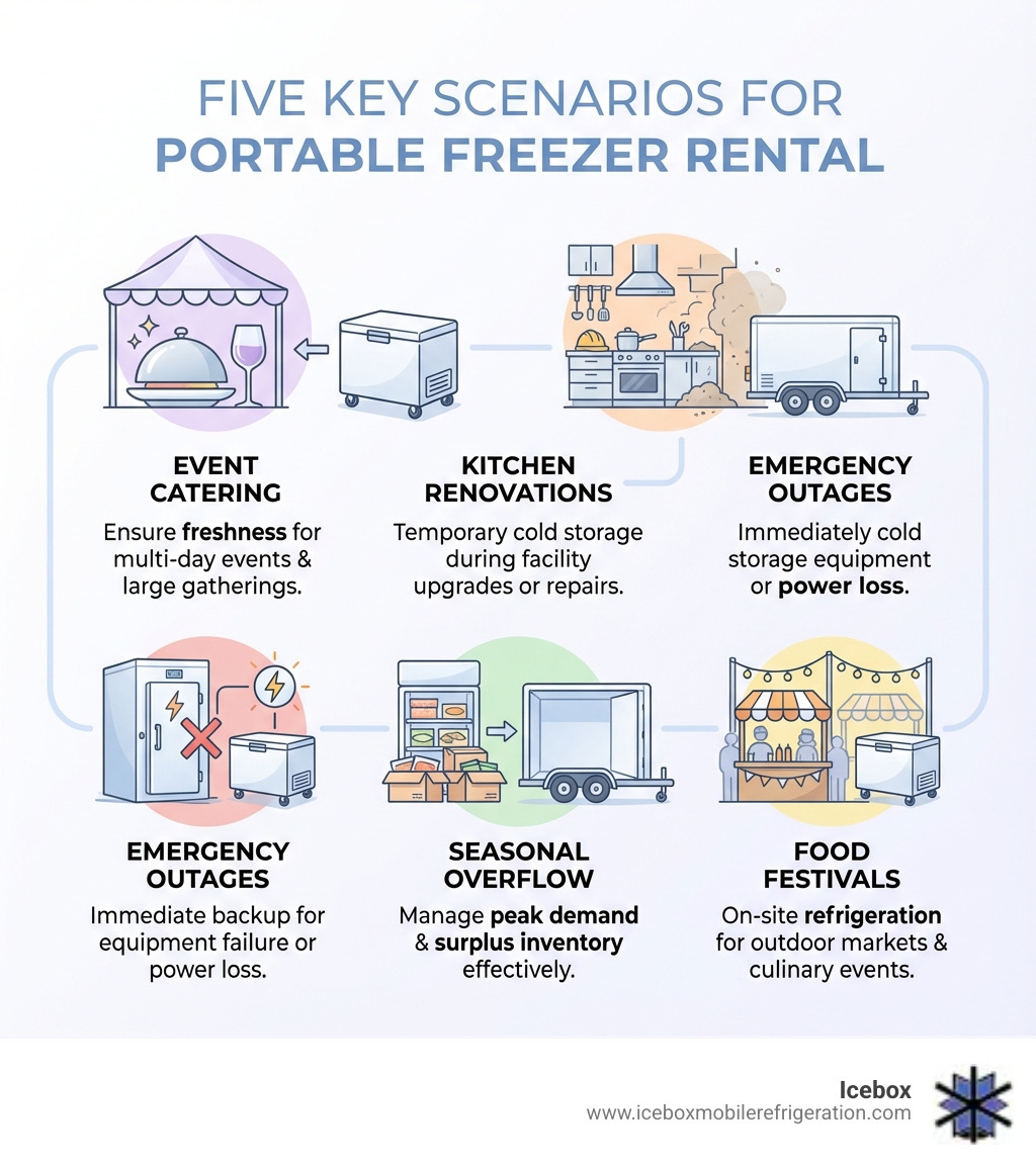 Infographic showing five key scenarios requiring portable freezer rental: Event Catering, Kitchen Renovations, Emergency Outages, Seasonal Overflow, and Food Festivals - Portable freezer rental near me infographic 