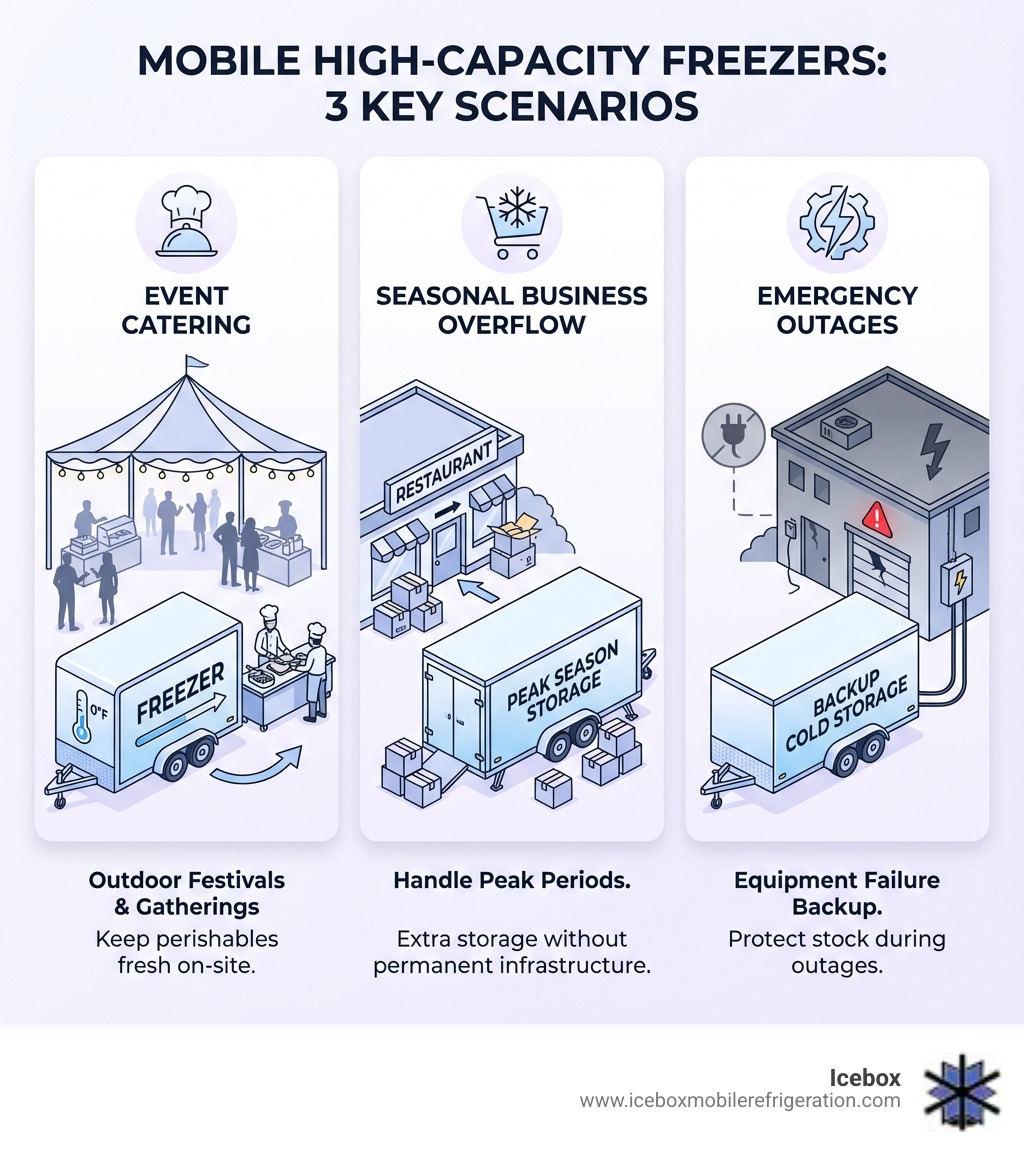 Infographic showing three key scenarios requiring mobile high-capacity freezers: Event Catering with outdoor festival setup and mobile freezer trailer, Seasonal Business Overflow showing restaurant with extra storage during peak season, and Emergency Outages depicting backup cold storage during equipment failure - high capacity freezer infographic 