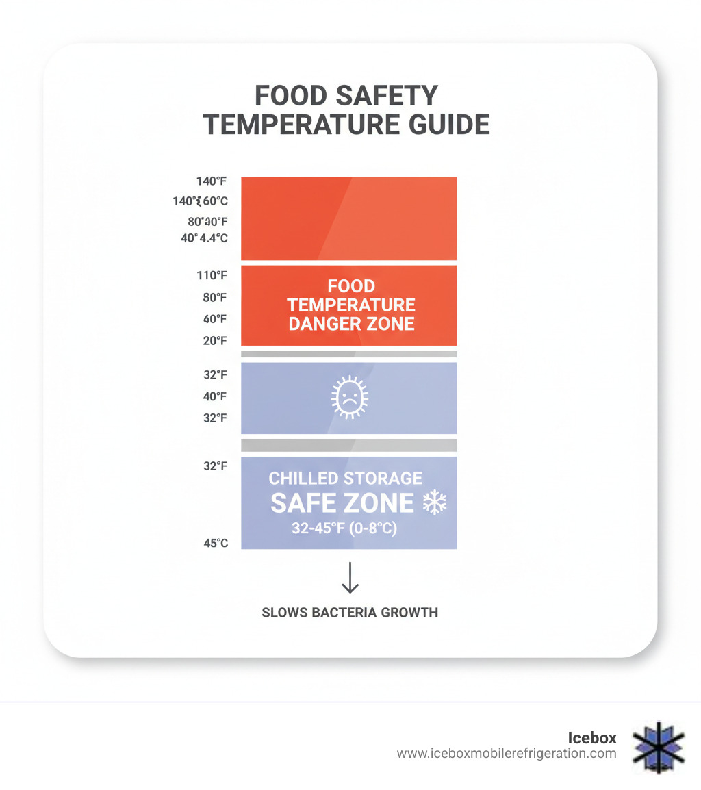 infographic showing the food temperature danger zone 40-140°F with chilled storage zone 32-45°F highlighted as the safe zone below the danger threshold - chilled storage infographic 