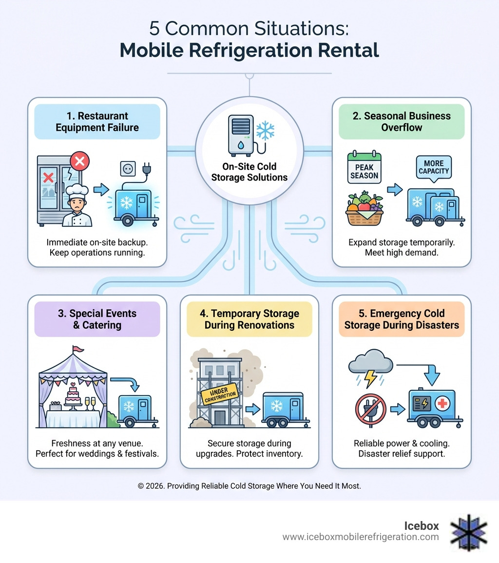 Infographic showing five common situations requiring mobile refrigeration rental: restaurant equipment failure, seasonal business overflow, special events and catering, temporary storage during renovations, and emergency cold storage during disasters - fridge van for hire infographic 