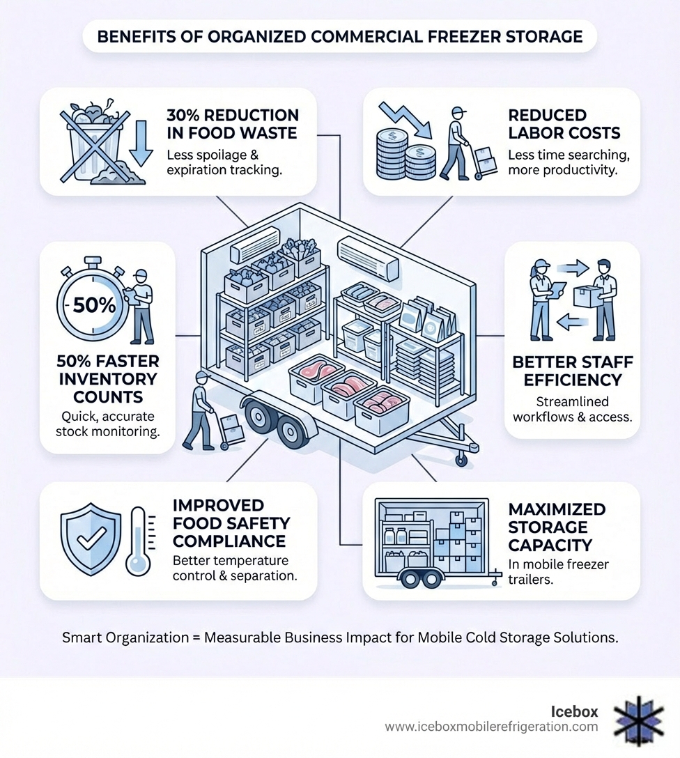 Infographic showing benefits of organized commercial freezer storage: 30% reduction in food waste, 50% faster inventory counts, improved food safety compliance, reduced labor costs, better staff efficiency, and maximized storage capacity in mobile freezer trailers - freezer storage solutions infographic Infographic showing benefits of organized commercial freezer storage: 30% reduction in food waste, 50% faster inventory counts, improved food safety compliance, reduced labor costs, better staff efficiency, and maximized storage capacity in mobile freezer trailers - freezer storage solutions infographic