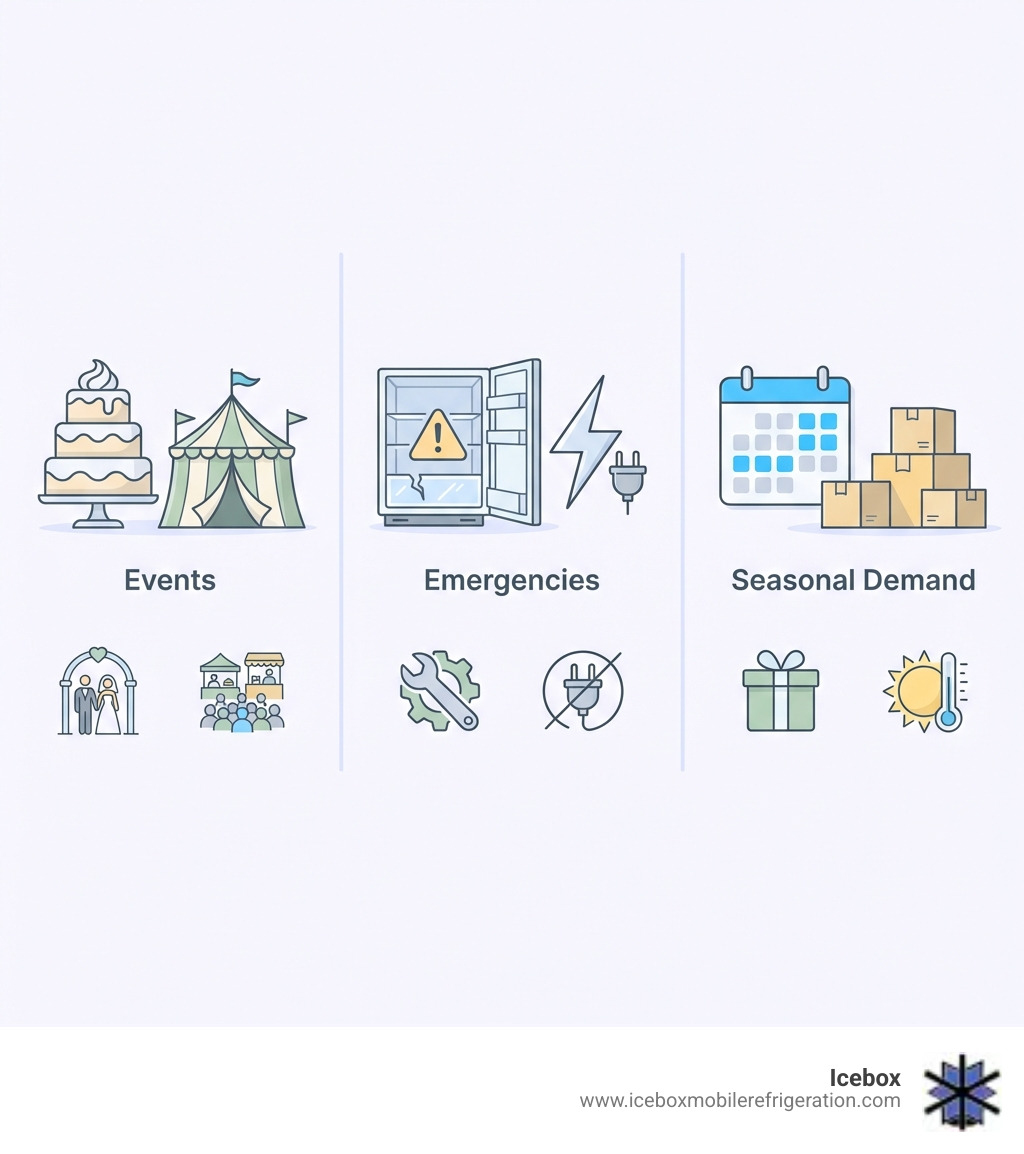Infographic showing three columns: Events (wedding cake icon, festival tent), Emergencies (broken freezer with alert symbol, lightning bolt), and Seasonal Demand (calendar with peak periods highlighted, stacked boxes). Each column lists 2-3 specific use cases with simple icons - Short term freezer rental infographic Infographic showing three columns: Events (wedding cake icon, festival tent), Emergencies (broken freezer with alert symbol, lightning bolt), and Seasonal Demand (calendar with peak periods highlighted, stacked boxes). Each column lists 2-3 specific use cases with simple icons - Short term freezer rental infographic