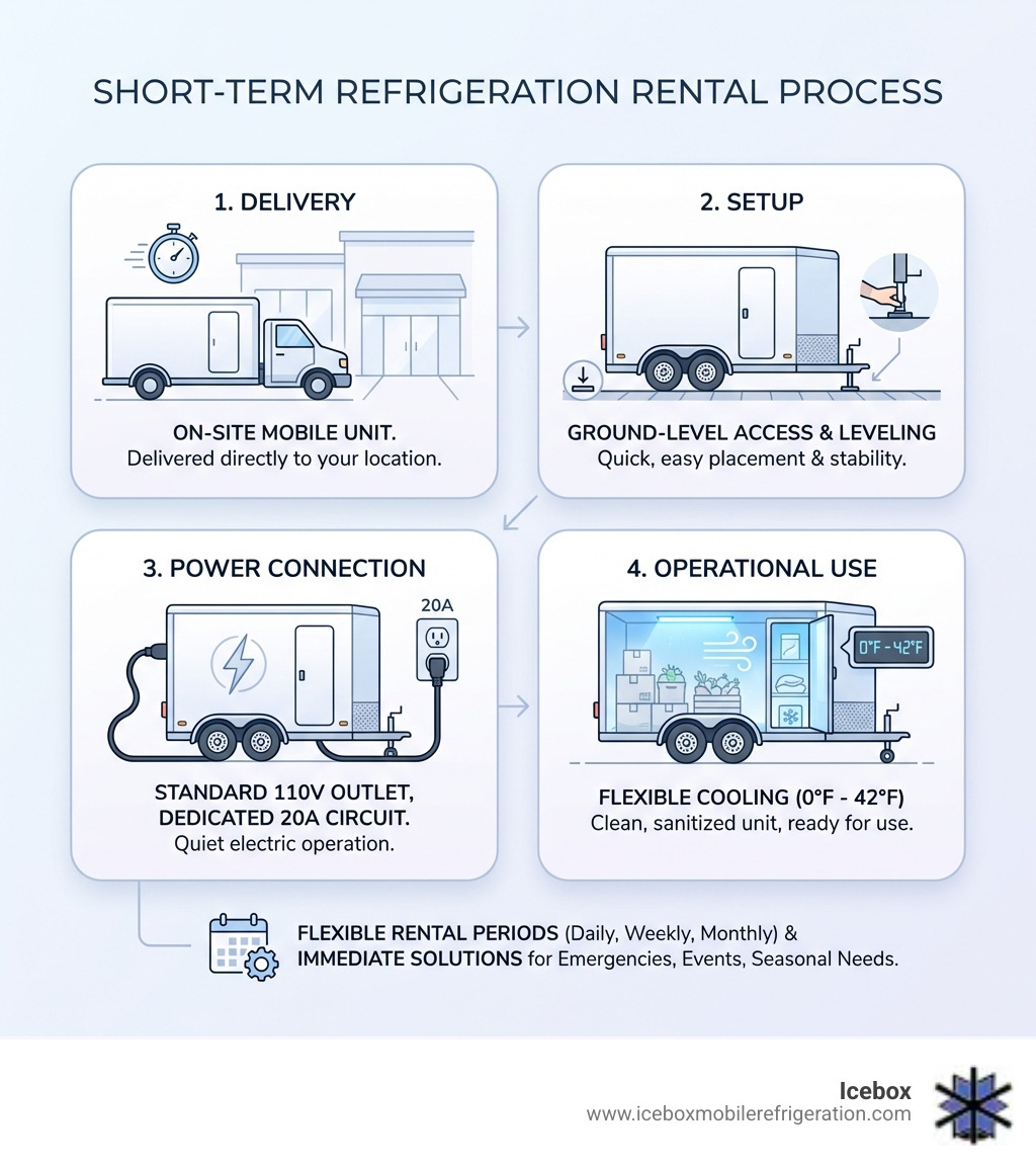 Short term refrigeration rental process showing delivery, setup, power connection, and operational use of mobile cooler and freezer trailers at commercial locations - Short term refrigeration rental infographic Short term refrigeration rental process showing delivery, setup, power connection, and operational use of mobile cooler and freezer trailers at commercial locations - Short term refrigeration rental infographic