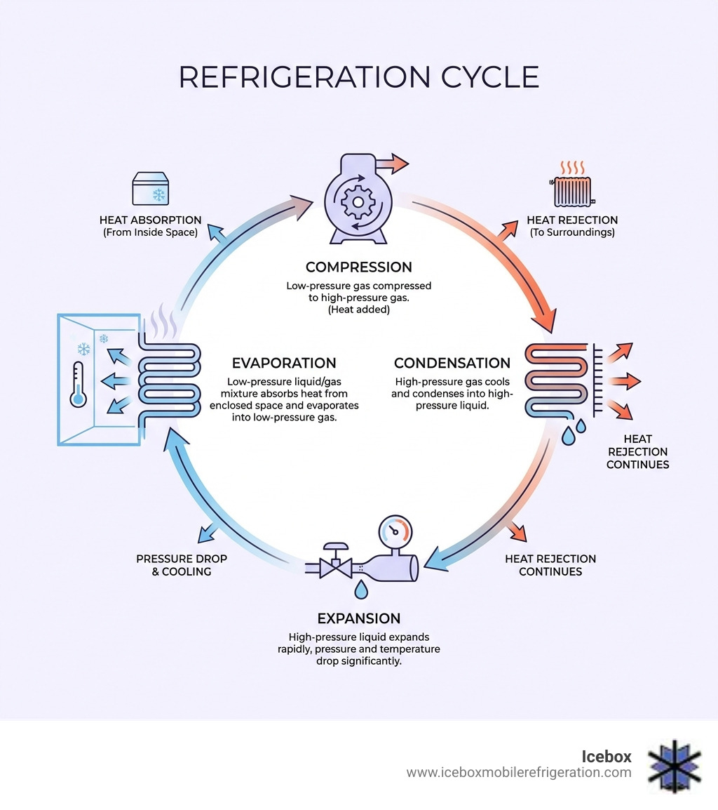 Refrigeration cycle showing compression, condensation, expansion, and evaporation stages with heat transfer - refrigeration unit infographic 