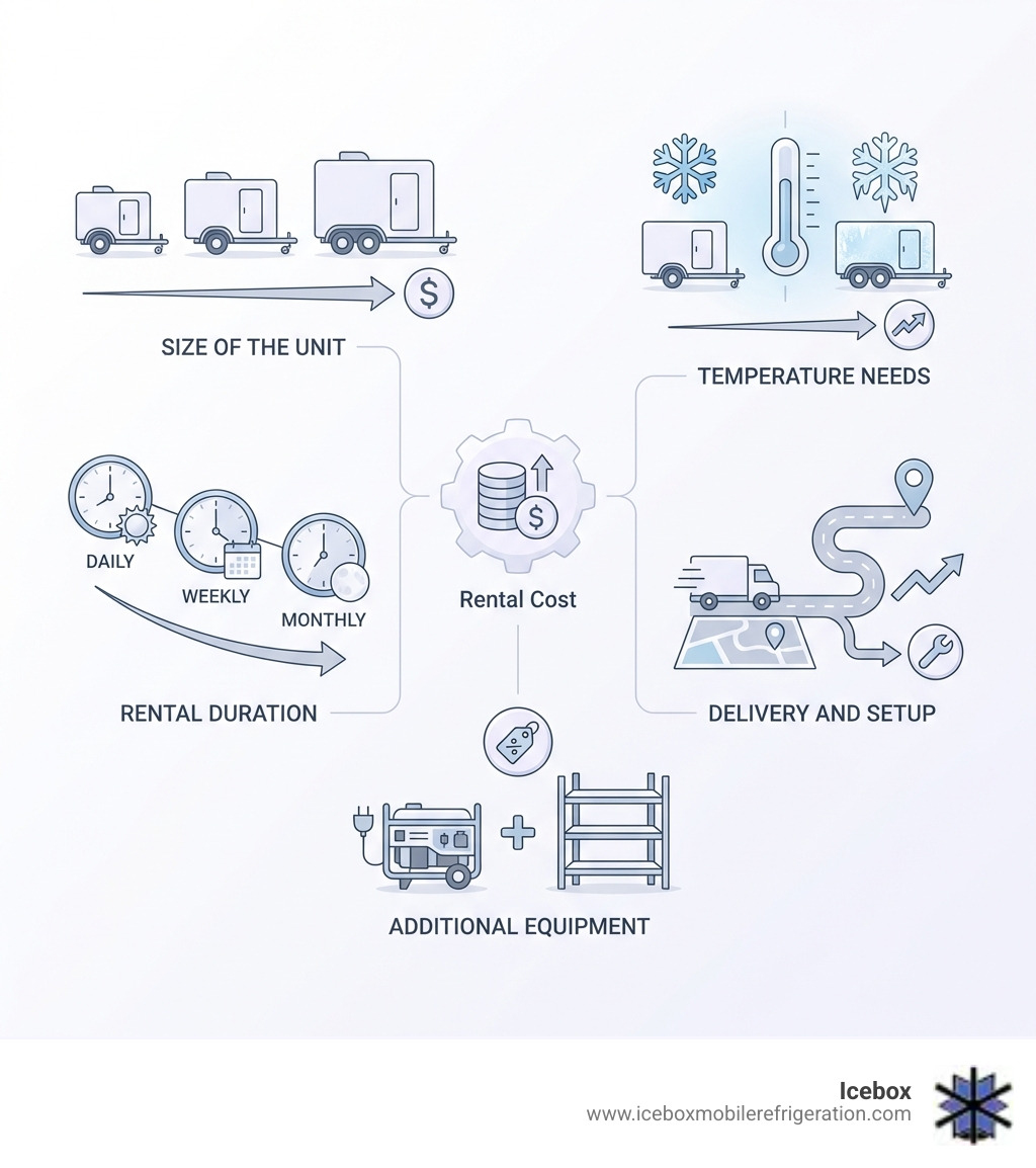 Infographic detailing factors influencing mobile cooler trailer rental costs - walk-in cooler rental cost infographic 