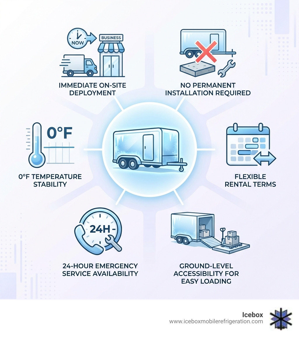 Infographic showing key benefits of mobile frozen storage units: immediate on-site deployment, no permanent installation required, 0°F temperature stability, flexible rental terms, 24-hour emergency service availability, and ground-level accessibility for easy loading - frozen storage unit infographic 