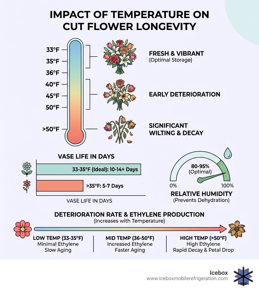 Infographic showing the impact of temperature on cut flower longevity: a vertical temperature scale from 33°F to above 50°F with icons of fresh vs. wilted flowers at each range; a bar chart comparing vase life in days at 33-35°F vs. above 35°F showing roughly double the lifespan at lower temperatures; humidity gauge showing 80-95% optimal range; and a timeline showing flower deterioration rate increasing with temperature, with labels for ethylene production levels at each stage - florist walk-in cooler infographic Infographic showing the impact of temperature on cut flower longevity: a vertical temperature scale from 33°F to above 50°F with icons of fresh vs. wilted flowers at each range; a bar chart comparing vase life in days at 33-35°F vs. above 35°F showing roughly double the lifespan at lower temperatures; humidity gauge showing 80-95% optimal range; and a timeline showing flower deterioration rate increasing with temperature, with labels for ethylene production levels at each stage - florist walk-in cooler infographic