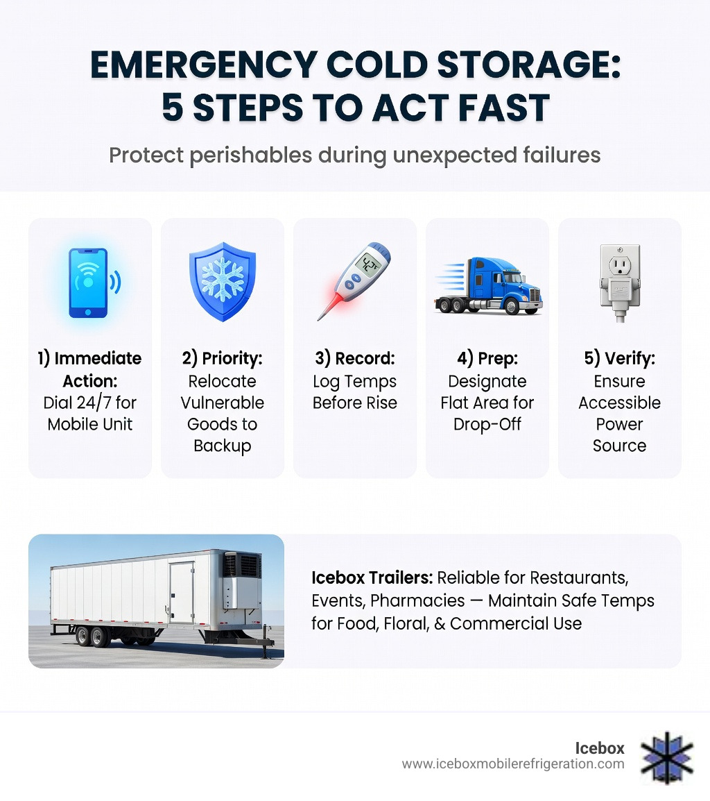 Infographic showing 5 emergency cold storage response steps: 1) Call for 24-hour mobile refrigeration, 2) Secure temperature-sensitive inventory, 3) Document current storage temperature, 4) Clear on-site space for trailer drop, 5) Confirm 110-volt outlet access — with icons for each step and a note that refrigerated trailers can maintain safe temps for food, floral, and commercial use - 24 hour emergency infographic 