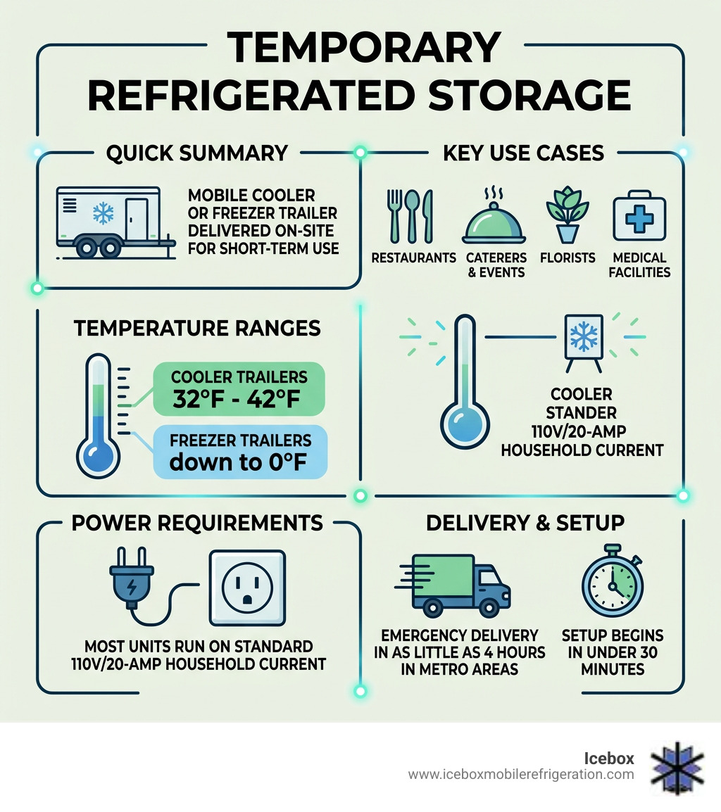 Infographic: Temporary Refrigerated Storage -- key facts, temperatures, power needs, and use cases - temporary refrigerated