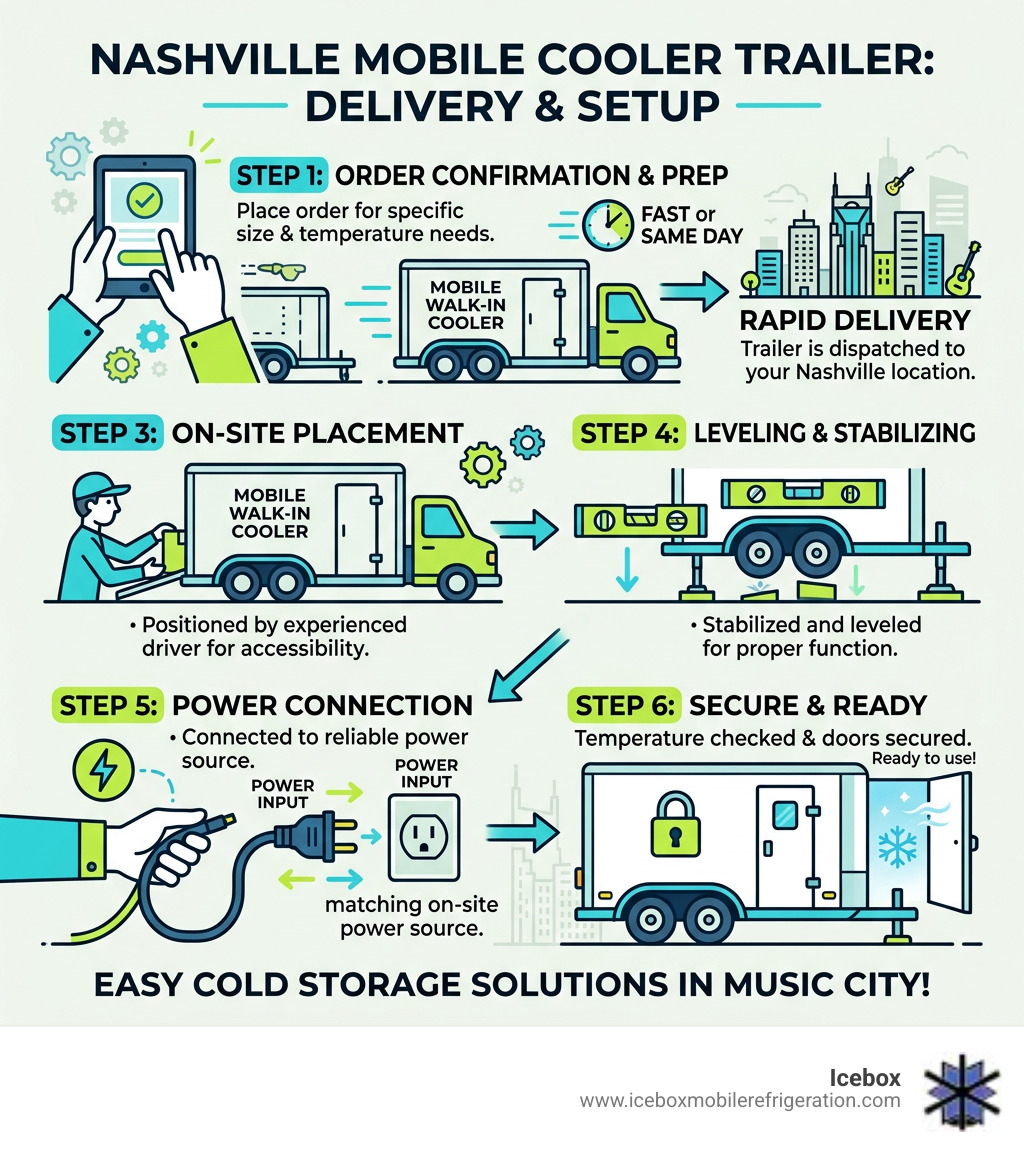 Infographic showing how mobile walk-in cooler trailers are delivered and set up on-site in Nashville TN - walk-in cooler