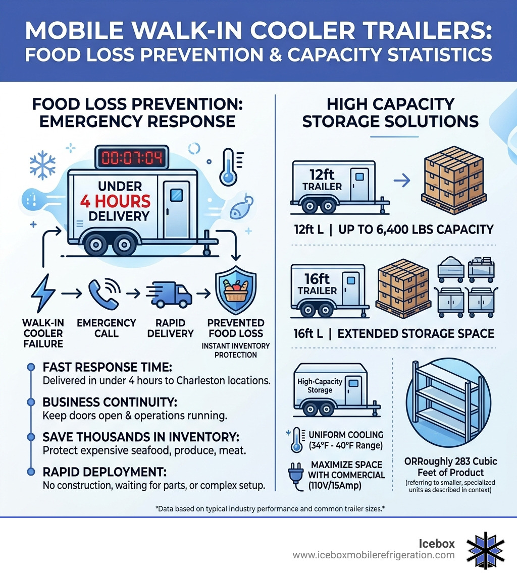 Statistics showing food loss prevention and capacity of mobile walk-in cooler trailers - mobile walk in cooler rental in