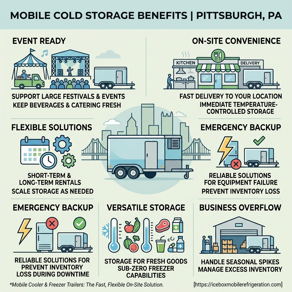 Infographic showing mobile cold storage benefits for Pittsburgh PA events and businesses - Cold storage Pittsburgh PA