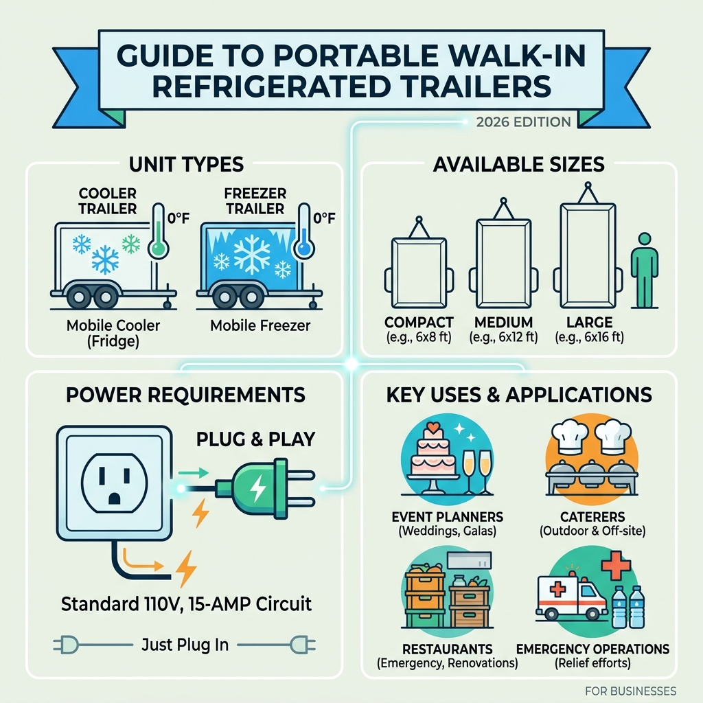 Infographic showing types, sizes, power requirements, and uses of portable walk-in refrigerated trailers - Portable walk-in
