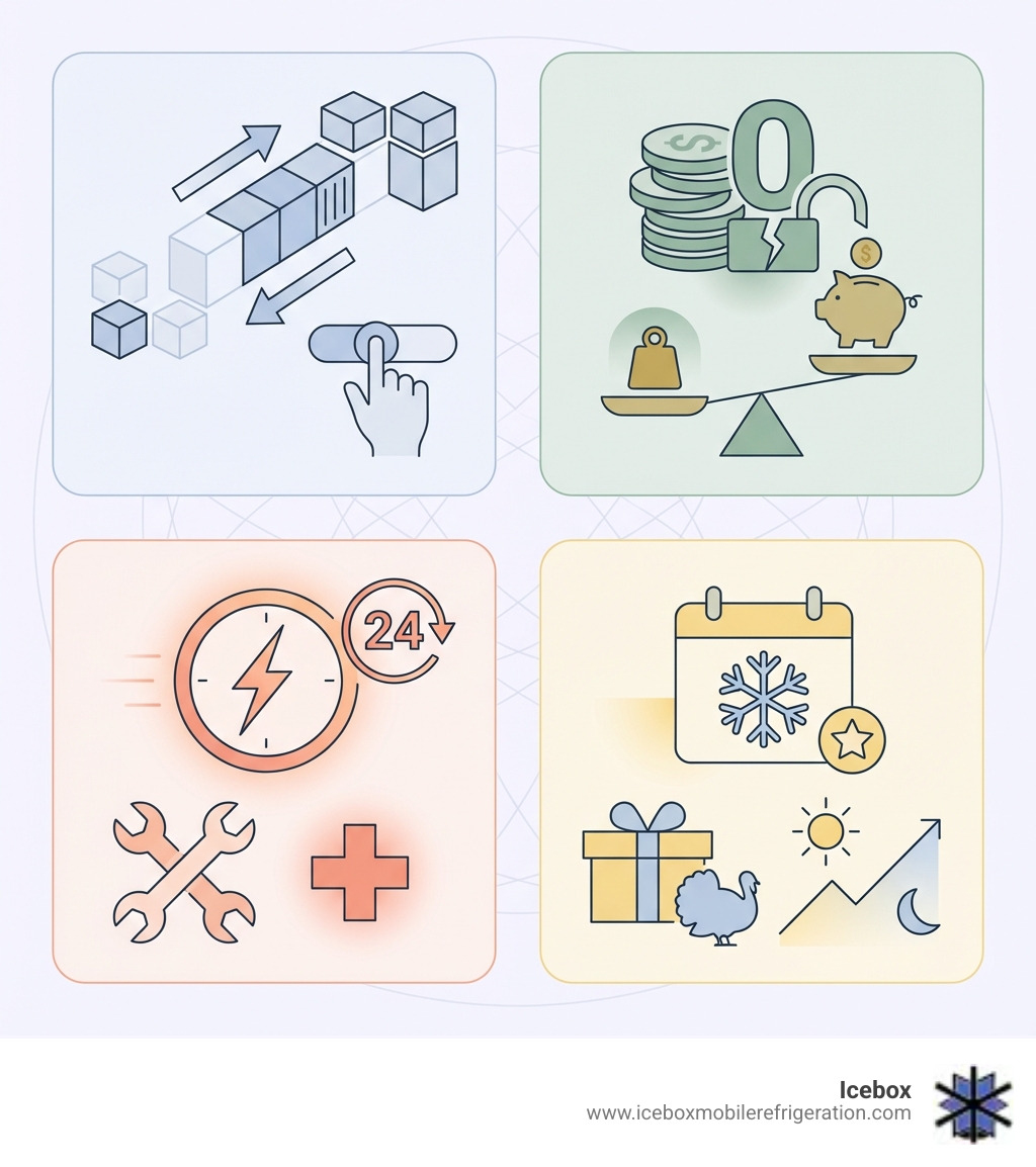 infographic showing the four core benefits of mobile bulk cold storage: flexibility to scale up or down based on demand, cost-effectiveness with no capital investment required, emergency response available 24/7 for equipment failures, and seasonal support for holiday rushes and special events - bulk cold storage infographic 