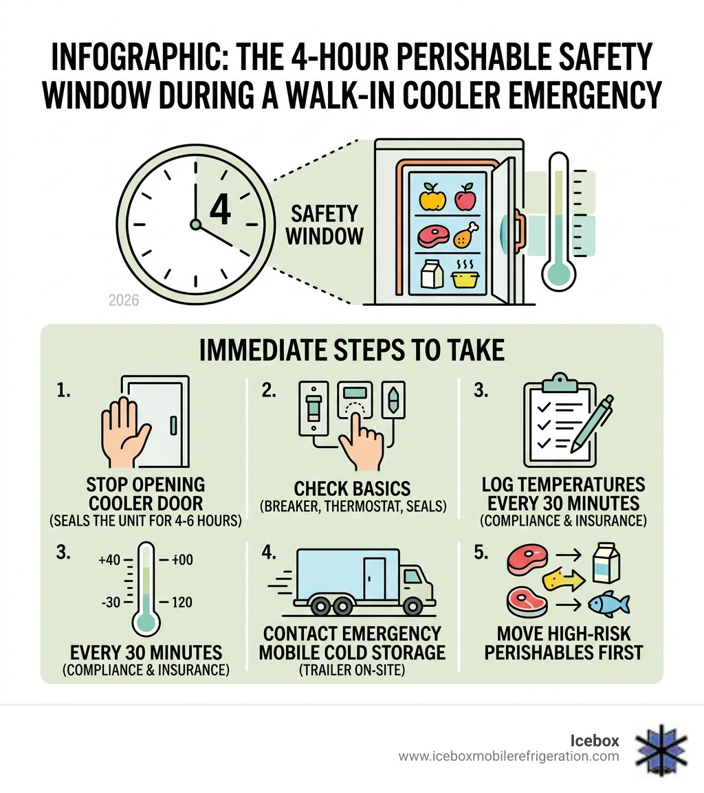 Infographic: The 4-hour perishable safety window during a walk-in cooler emergency and immediate steps to take - emergency Infographic: The 4-hour perishable safety window during a walk-in cooler emergency and immediate steps to take - emergency