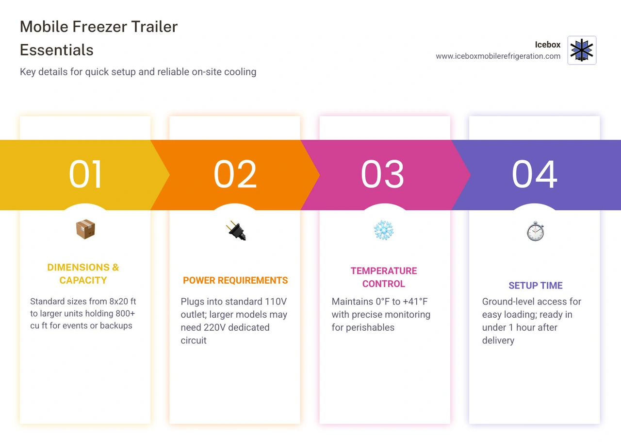 Mobile freezer trailer types, dimensions, setup steps, and power requirements infographic - rent portable freezer