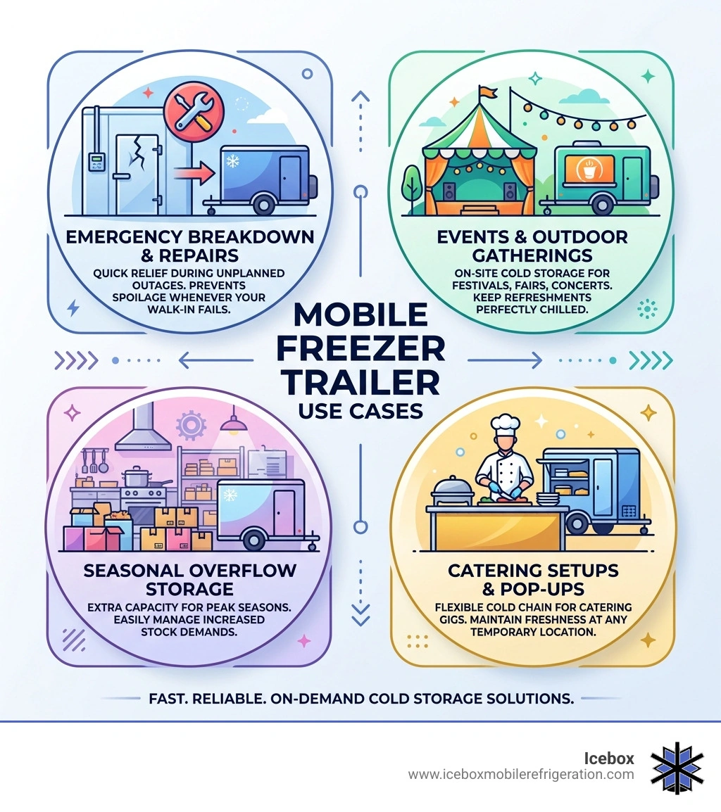 Infographic showing mobile freezer trailer use cases: emergencies, events, overflow, and catering setups - walk-in freezer Infographic showing mobile freezer trailer use cases: emergencies, events, overflow, and catering setups - walk-in freezer