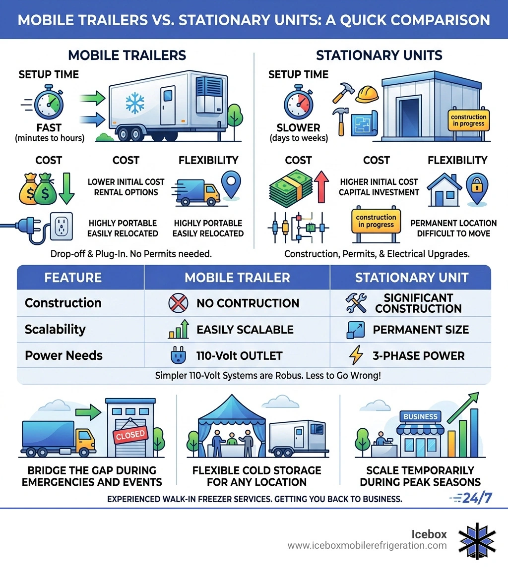 Infographic comparing mobile trailers vs stationary units: setup time, cost, and flexibility - walk-in freezer services Infographic comparing mobile trailers vs stationary units: setup time, cost, and flexibility - walk-in freezer services