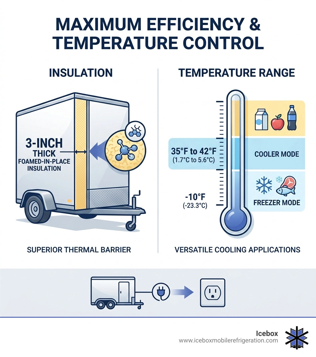 Infographic showing the 3-inch foamed-in-place insulation and temperature range of 0F to 42F - rent portable cooler