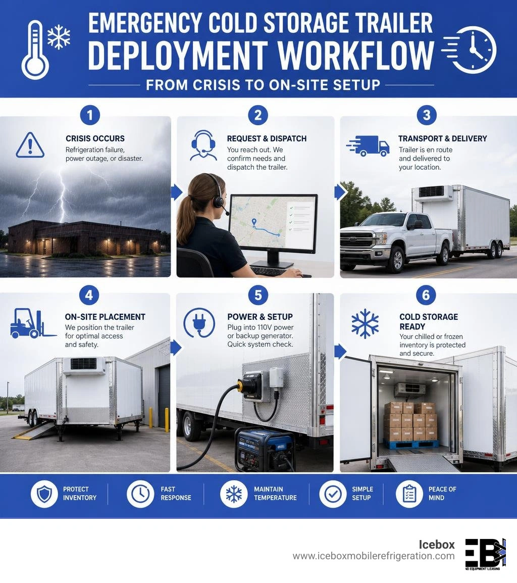 Emergency cold storage trailer deployment workflow from crisis to on-site setup infographic