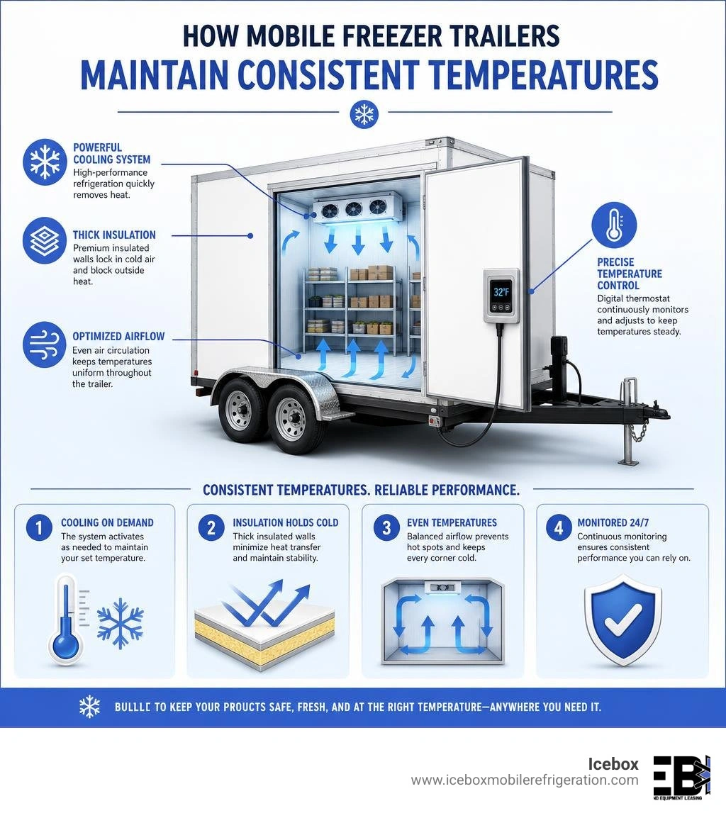 Infographic explaining how mobile freezer trailers maintain consistent temperatures infographic