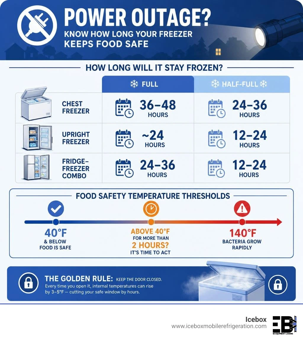 Infographic showing freezer cold retention times and food safety temperature thresholds during power outages infographic