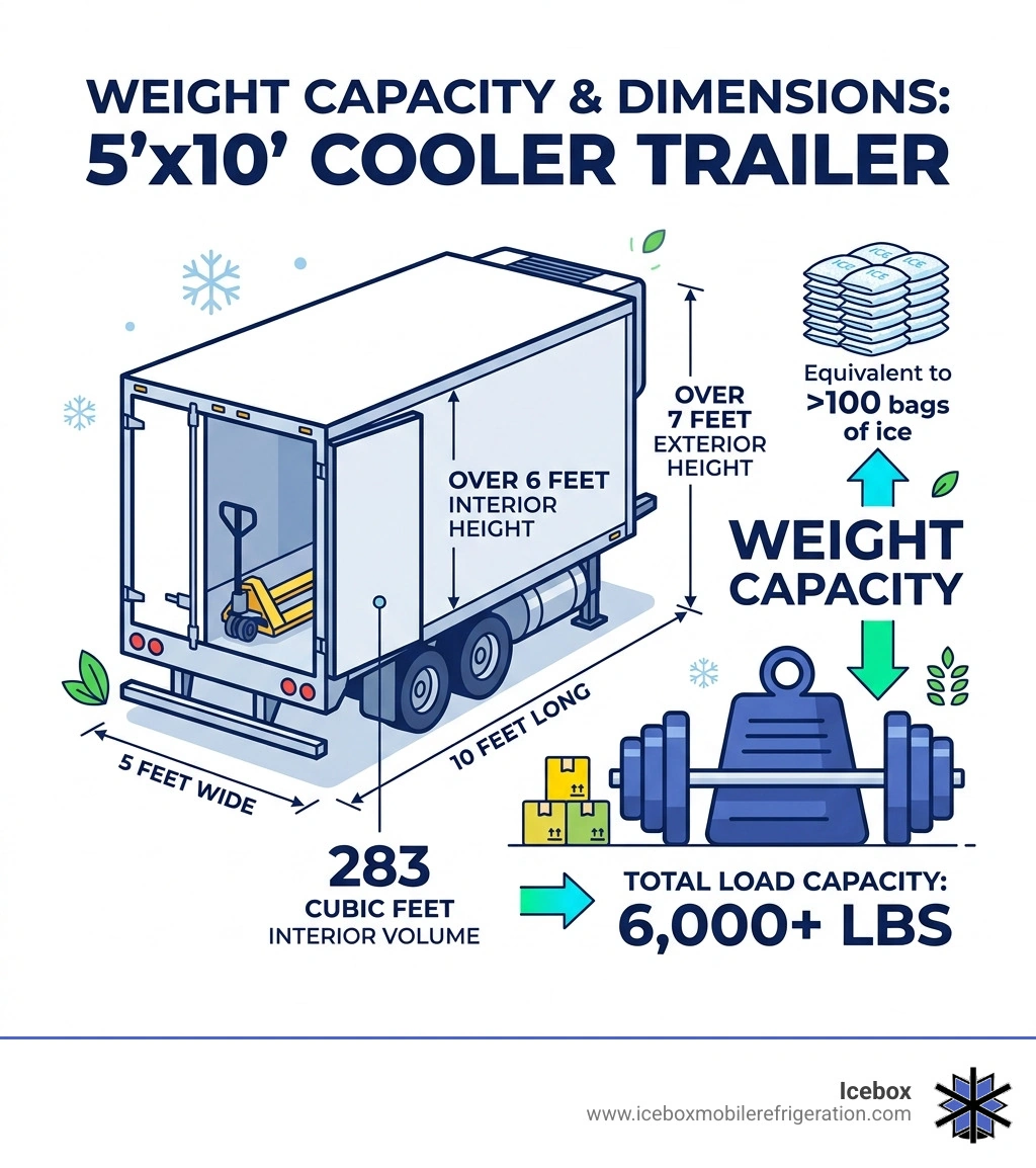Infographic showing weight capacity and dimensions of a 5x10 cooler trailer - rent walk in cooler infographic Infographic showing weight capacity and dimensions of a 5x10 cooler trailer - rent walk in cooler infographic