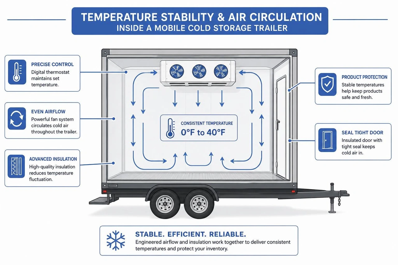 Diagram showing temperature stability and air circulation inside a mobile cold storage trailer Diagram showing temperature stability and air circulation inside a mobile cold storage trailer