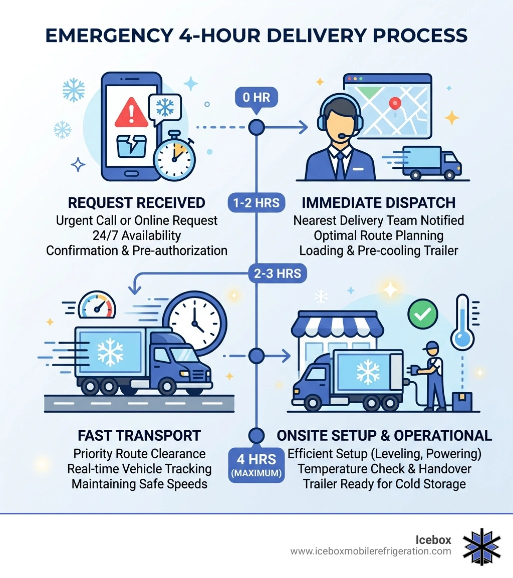 Infographic showing the 4-hour emergency delivery process for Icebox trailers - large cooler rental infographic Infographic showing the 4-hour emergency delivery process for Icebox trailers - large cooler rental infographic
