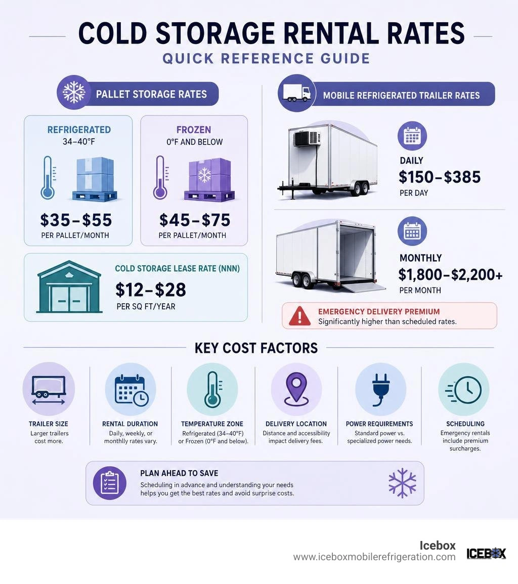 Cold storage rental rates quick reference infographic: pallet rates, trailer rates, and cost factors infographic Cold storage rental rates quick reference infographic: pallet rates, trailer rates, and cost factors infographic