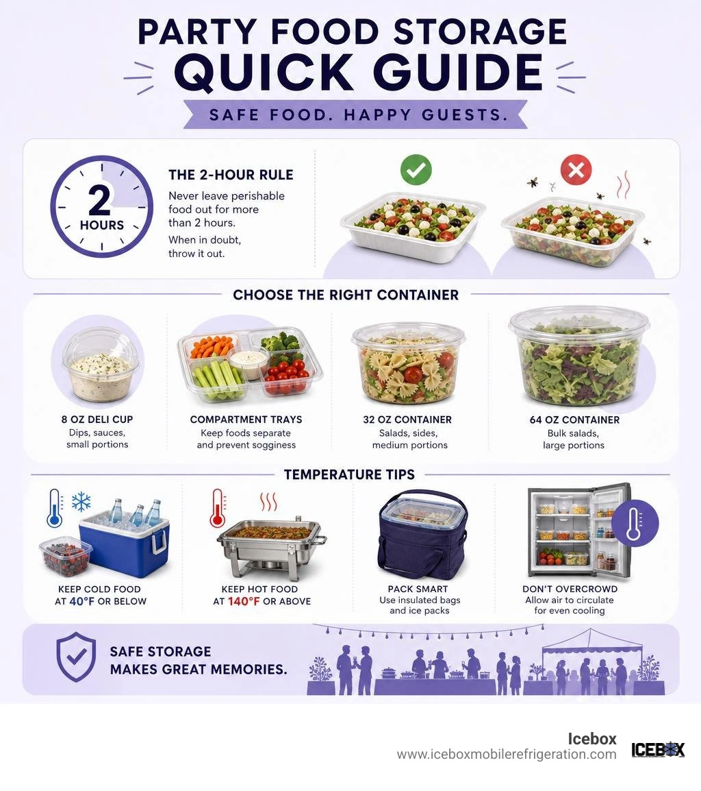 Infographic: Party food storage quick guide including the 2-hour rule, container types, and temperature tips infographic