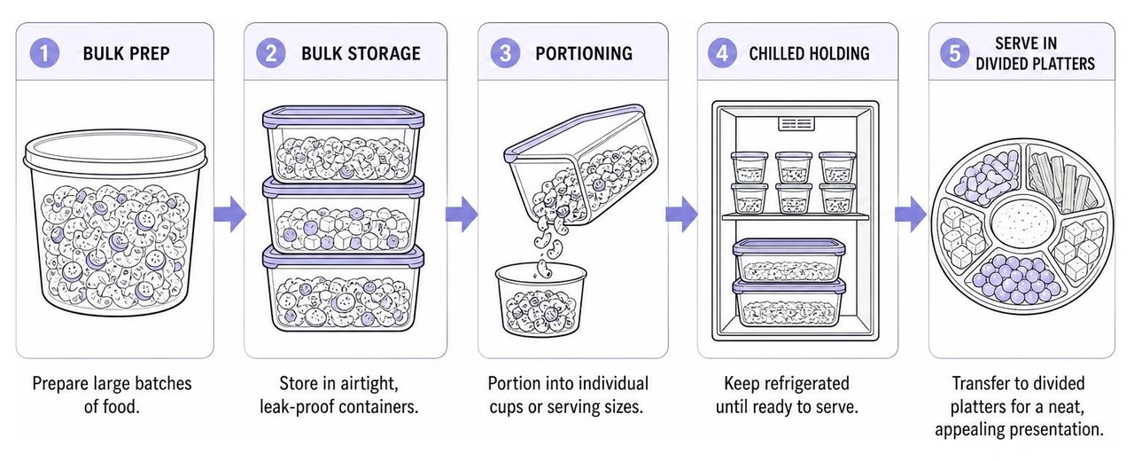 Diagram: Flow of party food preparation from bulk storage to divided serving platters