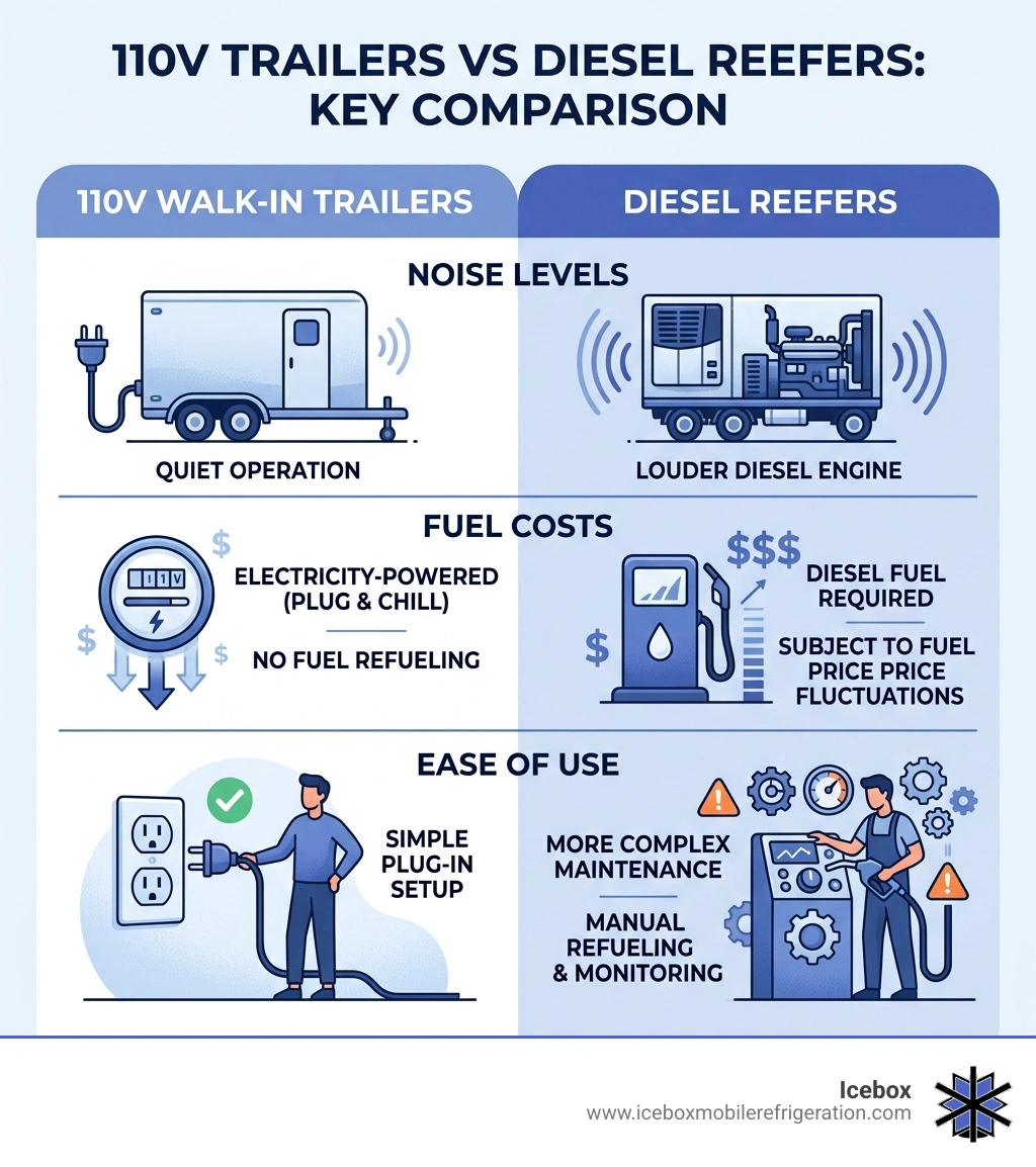 Stat: 110V trailers vs Diesel Reefers — noise levels, fuel costs, and ease of use - walk-in refrigeration trailer
