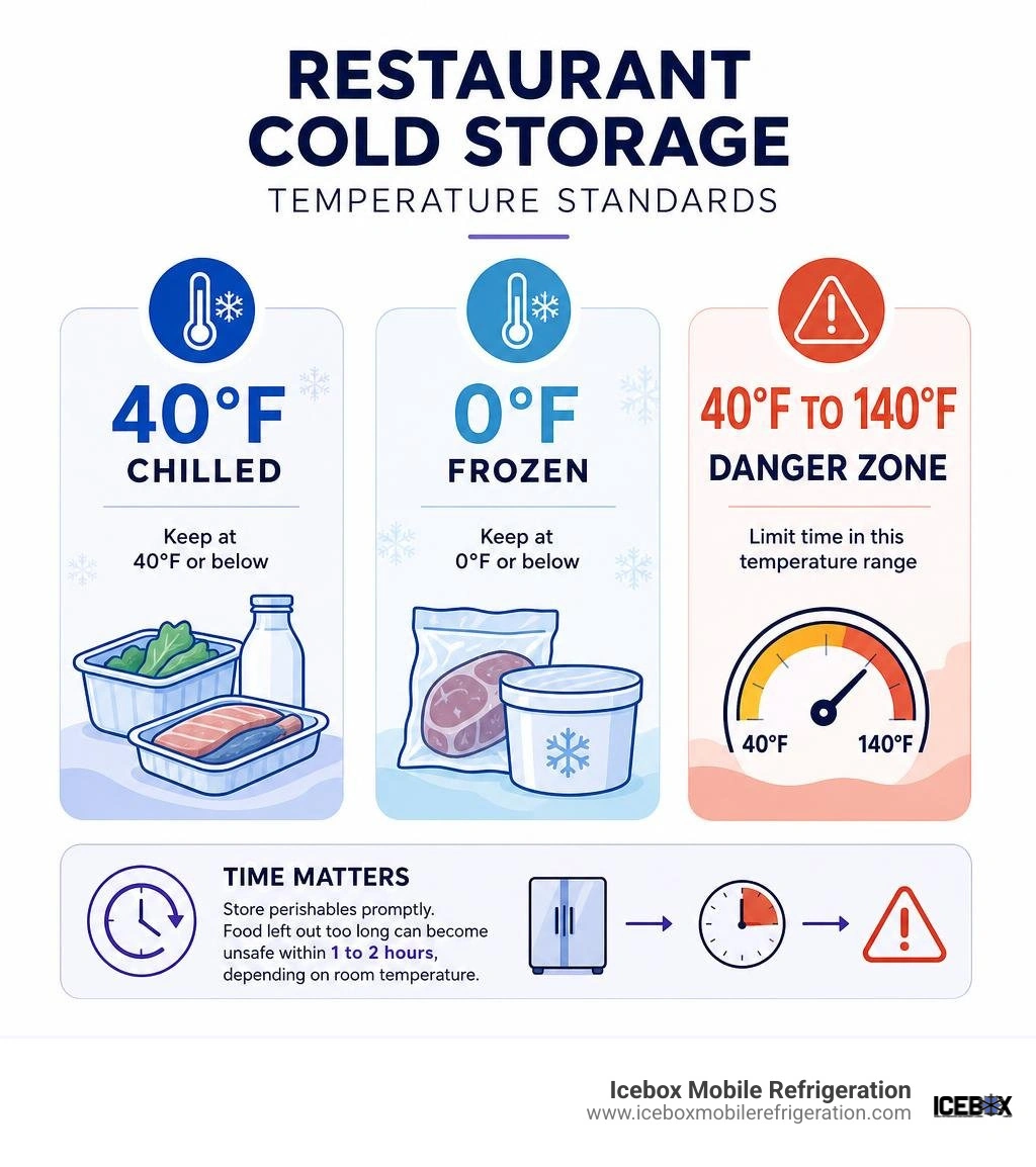 Restaurant cold storage temperature standards: 40F chilled, 0F frozen, 40F to 140F danger zone infographic Restaurant cold storage temperature standards: 40F chilled, 0F frozen, 40F to 140F danger zone infographic