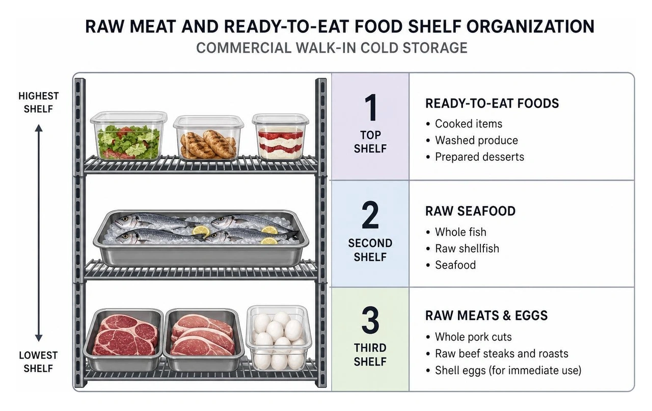 Raw meat and ready-to-eat food shelf organization diagram for commercial walk-in cold storage Raw meat and ready-to-eat food shelf organization diagram for commercial walk-in cold storage