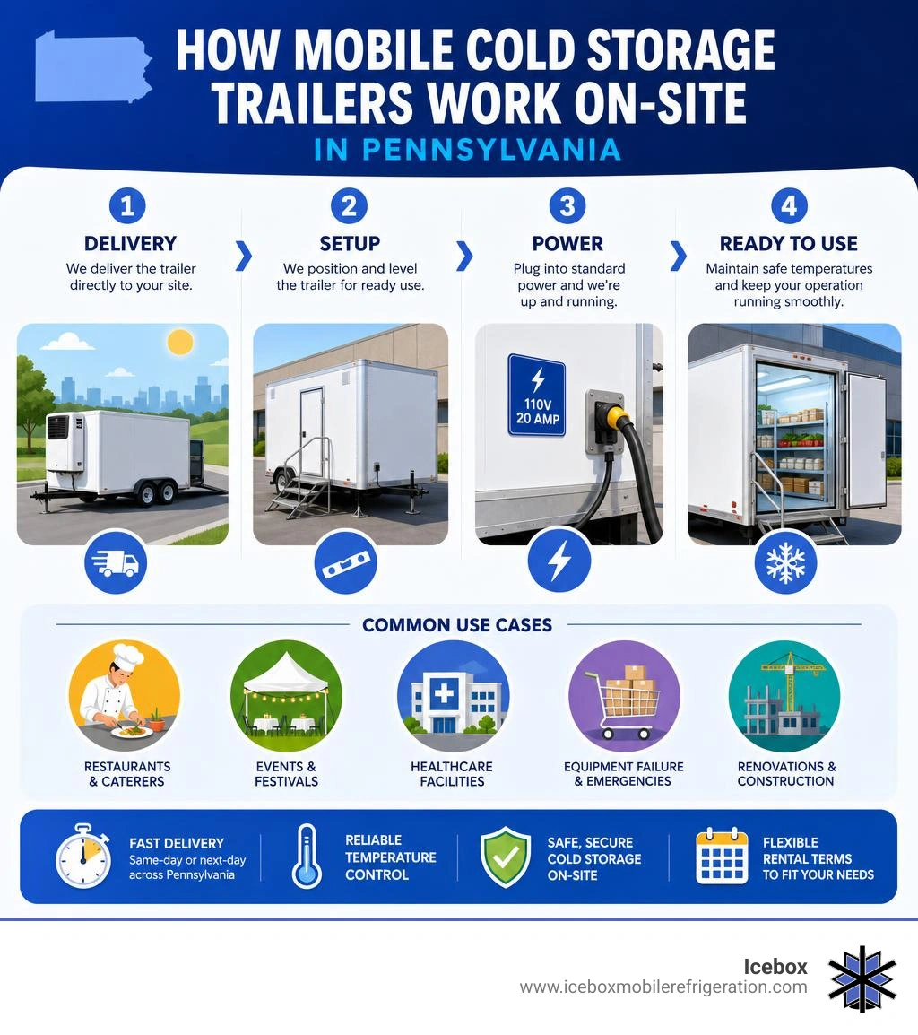 Infographic: How mobile cold storage trailers work on-site in Pennsylvania — delivery, setup, power, and use cases Infographic: How mobile cold storage trailers work on-site in Pennsylvania — delivery, setup, power, and use cases