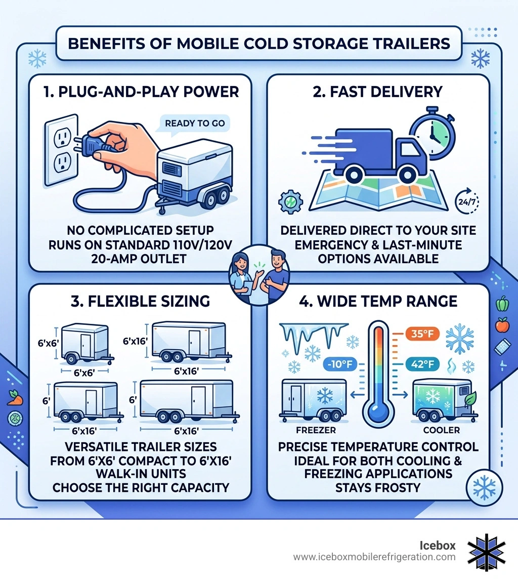 Infographic showing benefits of mobile cold storage trailers: plug-and-play power, fast delivery, flexible sizing, and wide Infographic showing benefits of mobile cold storage trailers: plug-and-play power, fast delivery, flexible sizing, and wide