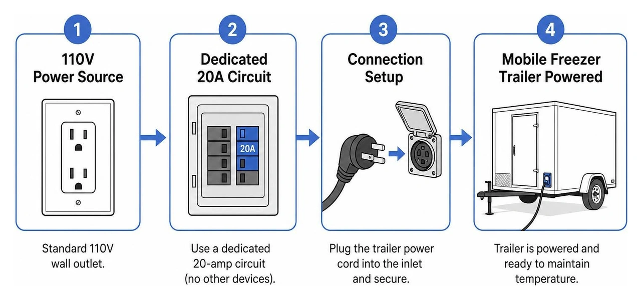 Process diagram for powering a mobile freezer trailer: 110V power source, dedicated 20A circuit, connection setup Process diagram for powering a mobile freezer trailer: 110V power source, dedicated 20A circuit, connection setup