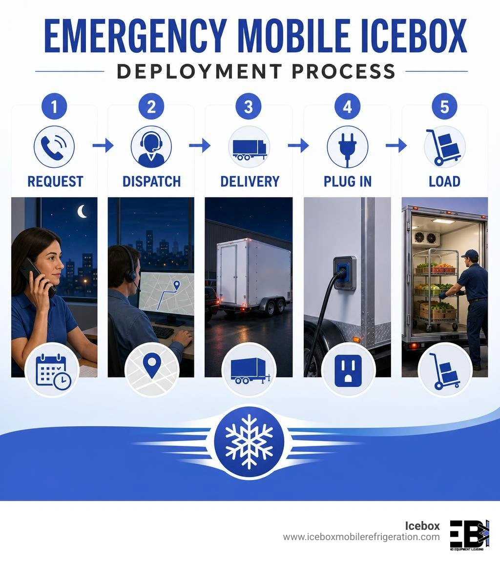 Emergency mobile icebox trailer deployment process: request, dispatch, delivery, plug in, load infographic Emergency mobile icebox trailer deployment process: request, dispatch, delivery, plug in, load infographic
