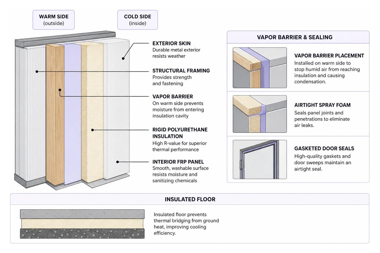 Breakdown of walk-in insulation layers and vapor barrier sealing Breakdown of walk-in insulation layers and vapor barrier sealing