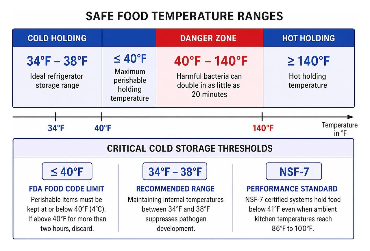 Safe commercial kitchen food temperature ranges and critical cold storage thresholds